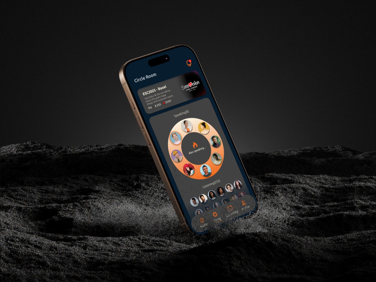 Campfire app — dark navy screens with campfire-orange accents on device mockups
