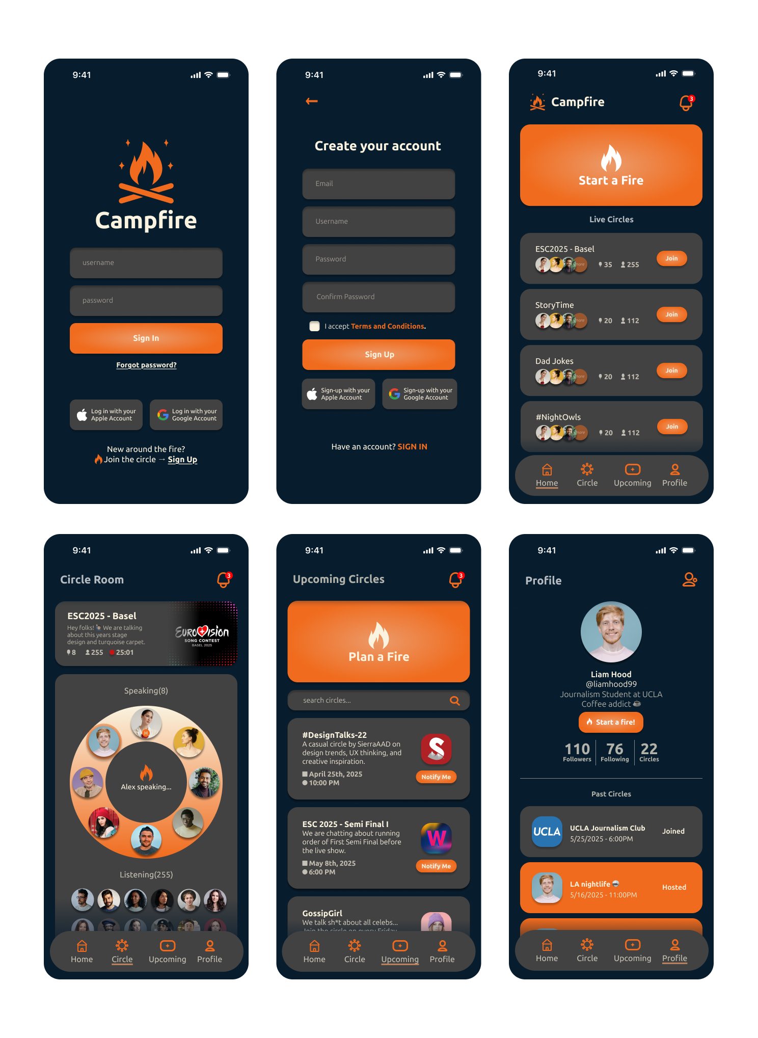 Campfire — core screens: onboarding, Start a Fire, Circle Room, Plan a Fire, and profile