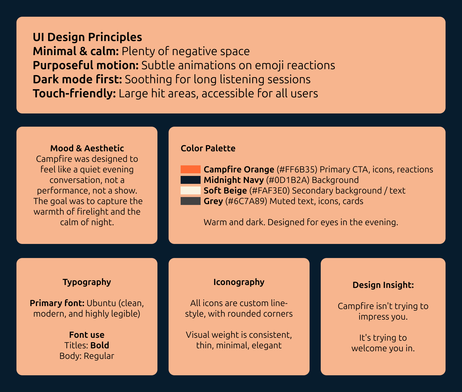 Visual design — principles, palette, typography, and iconography