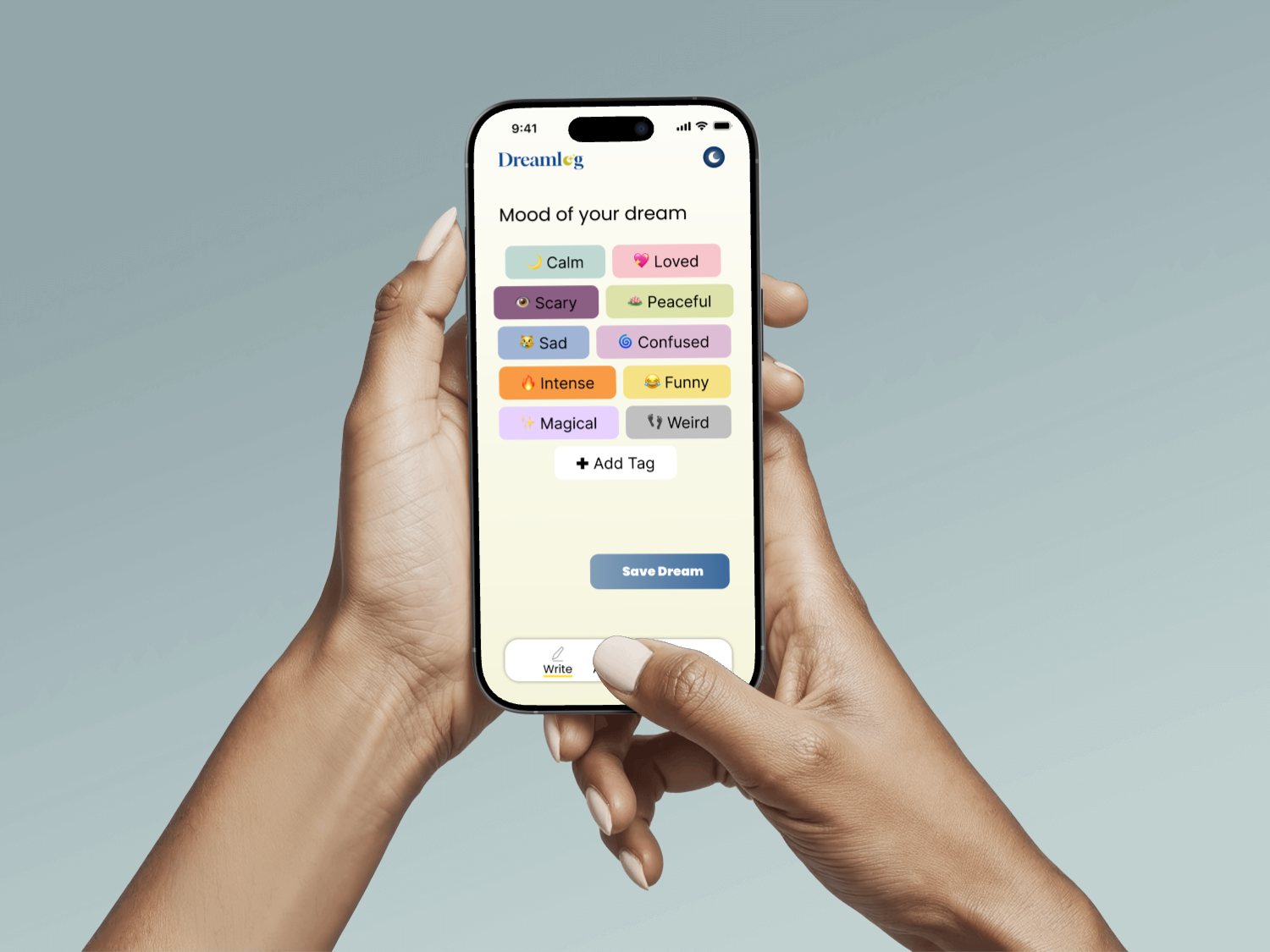 Dreamlog app on device mockups — twilight indigo screens with warm yellow accents