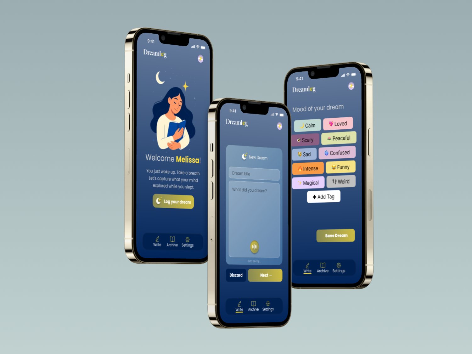 Dreamlog on device — twilight UI with warm yellow actions