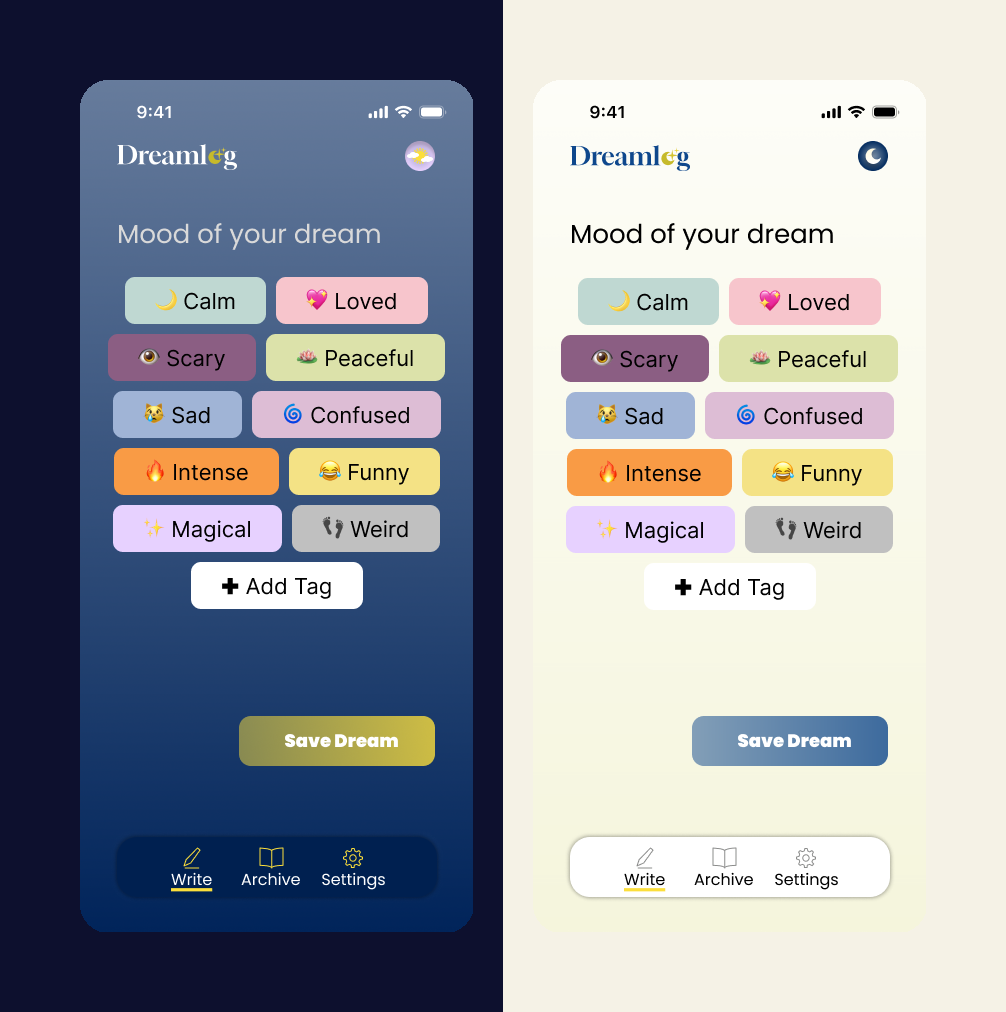 Mood tagging — the same screen at night and in the morning