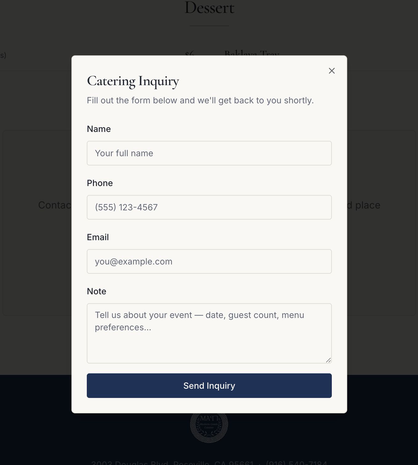 Catering inquiry modal — a focused form for the restaurant's highest-margin leads