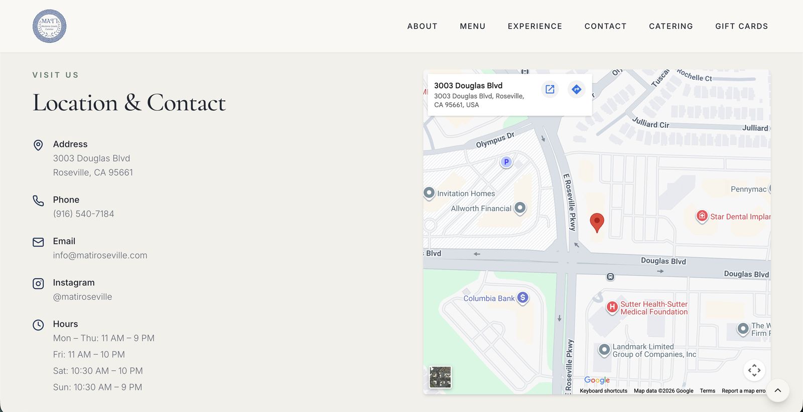 Location & contact — address, phone, hours, and an embedded map in one view