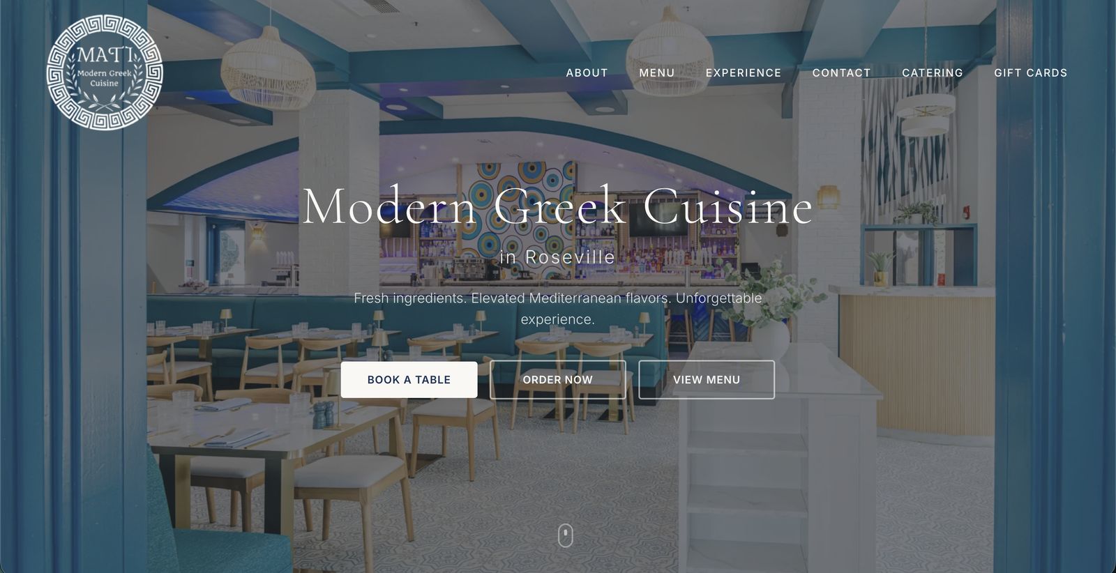 matiroseville.com homepage hero — serif headline over the Aegean-toned dining room, with Book a Table, Order Now, and View Menu actions
