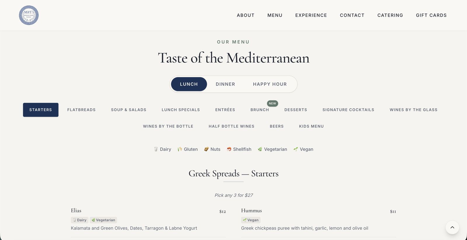 The interactive menu — service toggle, category pills with a NEW badge, dietary legend, and bundle pricing