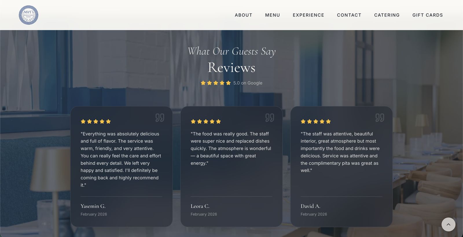 Guest reviews — 5.0 on Google, glass cards over the room itself