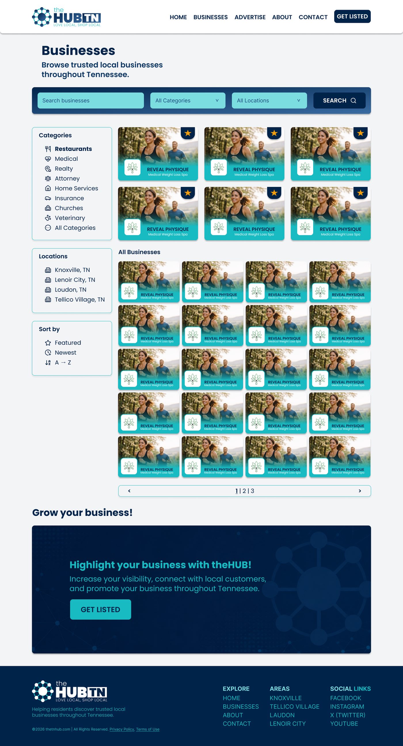 Businesses page — browse, search, and filters